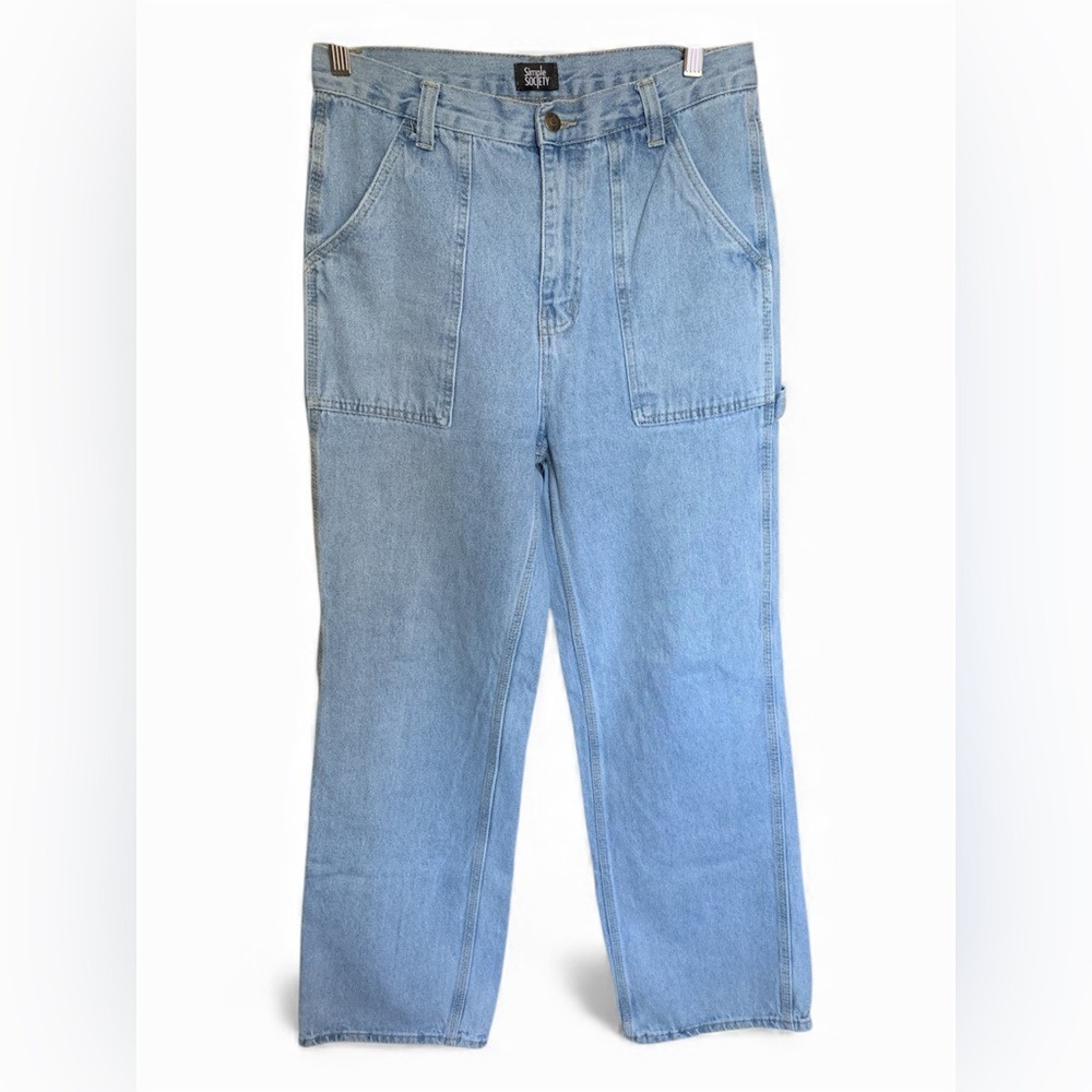 SIMPLE SOCIETY Womens Light Wash Denim Carpenter Pants Distressed Raw Hem Size M